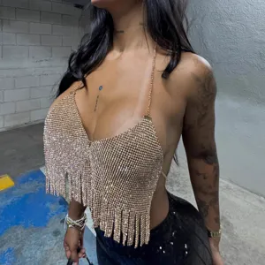 Women Halter Neck Cropped Top Shiny Full Rhinestone Tassel Vest Backless Sexy Party Festival Corset Top Gold Fashion Clothing