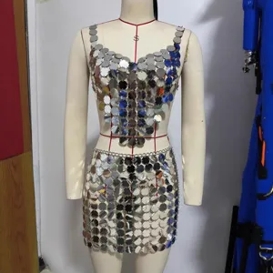Acrylic Sequin Halter Top And Mini Skirt For Women Sexy Backless Clubwear Sleeveless Party Top And Bottom Clothing