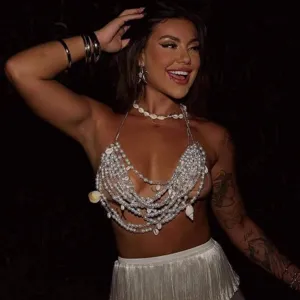 Women Sexy Artificial Pearl Tassel Shell Bralette Body Chain Top Polyester Handcrafted Beach Party Jewelry Body Harness Tank Top
