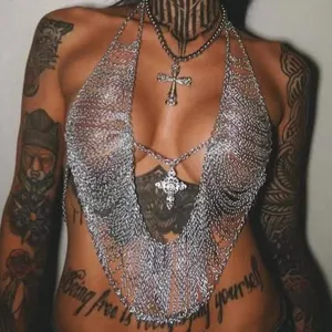 Gothic Legering Kruis Kwastje Lichaamsketting Vest Top Voor Vrouwen Zilveren Pailletten Borstketting Streetwear Clubwear Sexy Sieraden