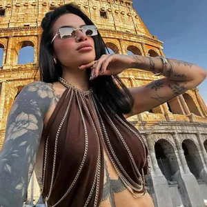 Women Halter Punk Alloy Multilayer Body Chain Vest Top Gold Silver Sequins Chest Chain Streetwear Nightclub Party Jewelry Tank Top