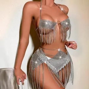Women Sexy Rhinestone Tassel Halter Crop Top And Mini Skirt Set Sparkly Metal Chain Club Party Wear Nightclub Outfit