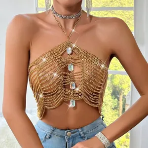 Maglietta Corta da Donna Sexy a Catena in Metallo Dorato con Scollo all'Americana Gilet a Catena con Strass Festival Party Clubwear Streetwear