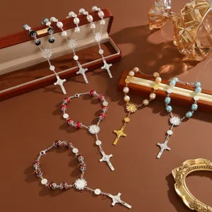 Cross Car Hanging Ornament Rosary Beaded Prayer Beads Artificial Pearl Rhinestone Baptism Religious Jewelry Auto Rearview Mirror Decoration