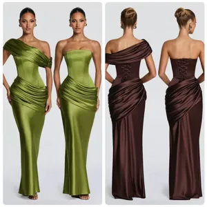 Elegant Satin Mermaid Evening Dress With Detachable Pleated Collar Boned Corset Back Lace-up Long Fishtail Gown For Women Banquet Party