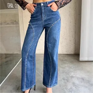 Women High Waist Wide Leg Jeans Rhinestone Rivet Denim Pants Straight Casual Loose Long Trousers Patchwork Washed Bottom