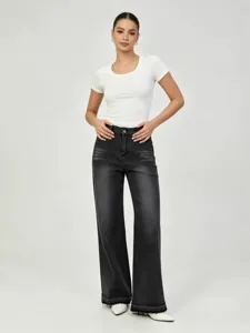 Vaqueros Distressed Elásticos de Corte Recto para Mujer Cintura Alta Dobladillo Deshilachado Pantalones Denim Lavados