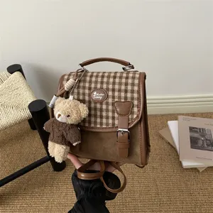Korean Style Plaid Patchwork Backpack For Women Retro PU Leather Small Lightweight Rucksack Travel School Bag With Teddy Bear Charm