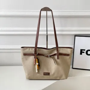 Borsa Tote da Donna Grande Capacità Stile Coreano Tela Pelle Sintetica Borsa a Tracolla Casual con Ciondolo di Perline