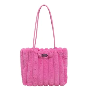 Borsa Tote in Peluche di Grande Capacità per Donna Casual da Pendolare in Ecopelliccia Borsa a Spalla Autunno Inverno Morbida Borsa Sottobraccio con Trama a Righe