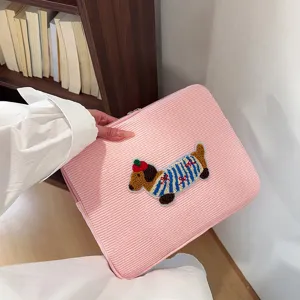 Retro Corduroy Laptop Sleeve Cute Dachshund Embroidery Zipper Protective Bag For Notebook Tablet Inner Pouch Travel Storage Bag