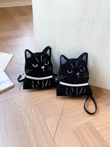 Lindo Bolso Bandolera Bordado de Gato de Dibujos Animados Mujer Estilo Callejero Cuero PU Bolso de Hombro Pequeño Versátil