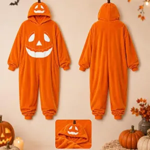 Erwachsene Halloween Kürbis Kapuze Einteiler Schlafanzug Plüsch Orange Korallenvlies Nachtwäsche Kostüm Für Damen Herren Party Jumpsuit