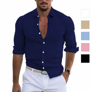 Men Summer Cotton Linen Style Shirt Lapel Beach Long Sleeve Solid Color Hawaii Holiday Loose Casual Button Down Shirt Top