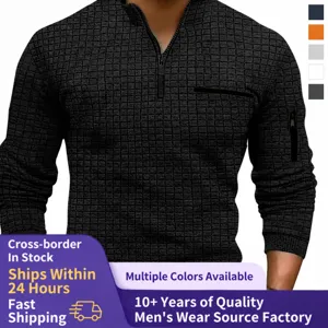 Men's Long Sleeve Waffle Check Polo Shirt Quarter Zip Stand Collar Casual Golf Polo Top with Arm Zipper Pocket