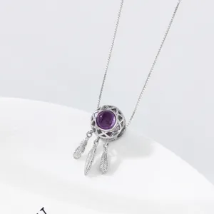 Pendentif Capteur de Rêves en Argent Sterling 925 Améthyste Violette Rond Creux Plume Gland Bijou Cadeau pour Femmes