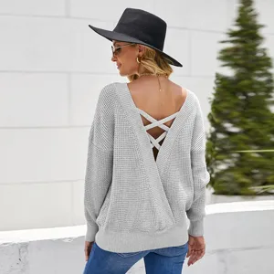 Women's Casual Solid Color Crew Neck Long Sleeve Straight Backless Knitted Sweater Pullover Fall Winter Top