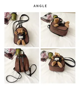 Four-angle view of a brown suede-look mini backpack with black trim and a plush teddy bear charm