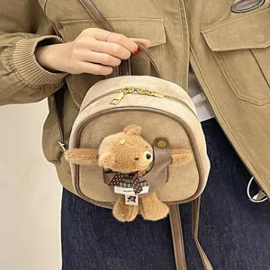 Women Fashion Mini Suede Backpack With Cute Teddy Bear Charm Casual Commute Small Rucksack Adjustable Shoulder Bag For Girls Youth Travel Bag