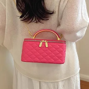 Elegant Diamond Lattice PU Leather Handbag Women Small Square Vanity Case Gold Metal Handle Chain Strap Cosmetic Bag