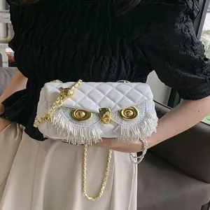 Bolso Bandolera Acolchado de Búho para Mujer Cuero PU Cadena Borla Perla Artificial Strass Decor Bolso de Mano de Noche