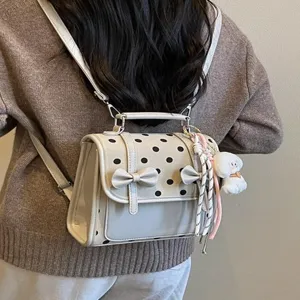 Sweet PU Polka Dot Bow Backpack For Women Multifunctional Fashion School Backpack Crossbody Handbag With Teddy Bear Pendant