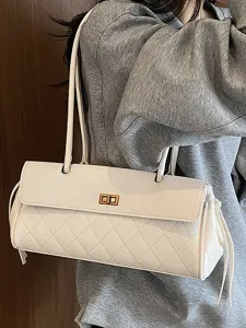 Women Retro Quilted Baguette Bag PU Leather Underarm Shoulder Bag With Metal Twist Lock Diamond Pattern Tote Bag Daily Wear