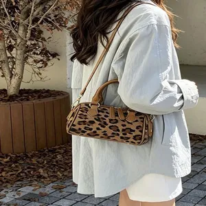 Moda Mujer Estampado Leopardo Lunares Bolso Boston Cuero PU Bolso de Mano Retro Forma Almohada Bolso Bandolera Para Oficina Diaria