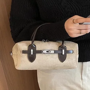 Retro Women Patchwork Denim Suede PU Leather Boston Bag Contrast Color Shoulder Crossbody Small Square Handbag With Lock Zipper