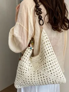 Bolso de Hombro Tejido para Mujer Bolso Tote de Ganchillo Bohemio Asa de Cuentas de Madera Bolso de Playa Calado para Vacaciones Moda