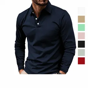 Polo da Uomo a Manica Lunga Casual Business Tinta Unita Misto Cotone Revers Bottone Moda Urban Stile Sport Polo Top
