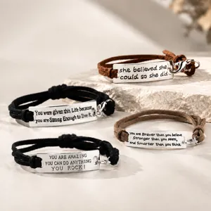 Bracelet Citation Inspirante Plaque Métal Alliage Corde Tressée Réglable Bijoux Motivation