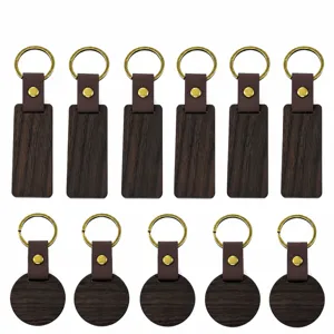 Minimalistische Houten Sleutelhanger Met Leren Riem Walnoot Beukenhout Rechthoekig Rond Houten Sleutelring Bronzen Metalen Ring Voor Heren Dames Cadeau