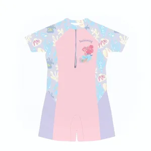 Girls One-Piece Swimsuit Short Sleeve Sun Protection Cartoon Mermaid Print Swimwear And Matching Swim Cap Beach Bathing Suit
