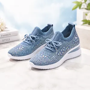 Women Fashion Rhinestone Mesh Breathable Fly-knit Sneakers Casual Lace-up Platform Height Increasing Athletic Walking Shoes