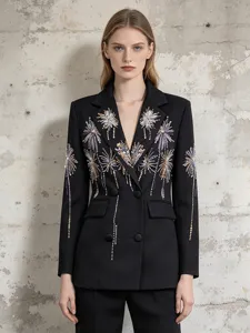 Women's Fashion Heavywork Sequin Blazer Fireworks Pattern V-Neck Double Breasted Suit Jacket Streetwear Party Outerwear