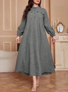 Women Plus Size Maxi Dress Polyester Long Sleeve Abaya Robe Loose Fitting Stand Collar Button Pocket Modest Casual Dress