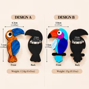 French Vintage Acrylic Toucan Bird Brooch For Women Cartoon Animal Lapel Pin Handmade Marbled Glitter Clothing Jewelry Accessory Gift