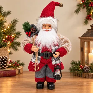 Statuetta di Babbo Natale in Piedi Ornamento Natalizio in Plastica Decorativa Con Sacco Regalo Lanterna Per Festa di Natale Decorazione Casa