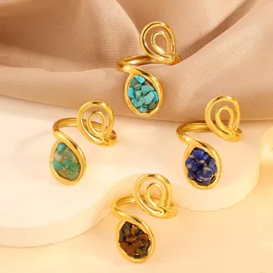 Vintage Stainless Steel Open Ring Natural Crushed Stone Inlay Geometric Heart Shape Gold Plated Tarnish Free Aesthetic Jewelry Finger Ring Women
