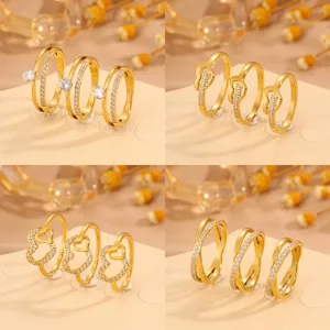 Stainless Steel Double Layer Rhinestone Heart Ring Fashion Gold Plated Titanium Steel Band Ring For Women Couple Jewelry Gift