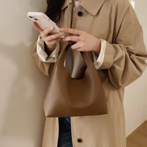 Women PU Leather Top Handle Bag Minimalist Solid Color Bucket Bag Fashion Casual Handbag Crossbody Bag
