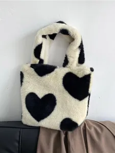 Mujer Invierno Bolso de Mano de Peluche Lindo Patrón de Corazón Piel Sintética Bolso Bandouliere Suave Esponjoso Casual Shopper Tote