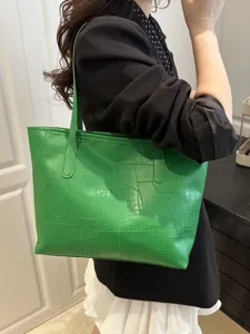 Women Large Capacity Tote Bag PU Leather Crocodile Pattern Patchwork Handbag Stylish Casual Commuter Shoulder Bag