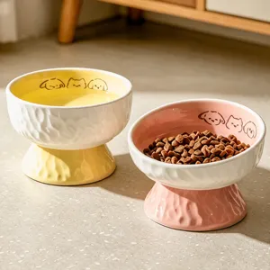 Ceramic Elevated Cat Bowl Cute Cartoon Pet Food Water Bowl Neck Protection Flat And Slanted Bowls For Dogs Cats