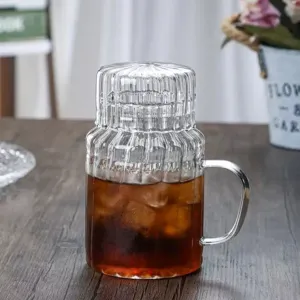Heat Resistant Glass Water Cup Transparent Striped Tea Mug With Lid And Handle For Home And Office Drinkware
