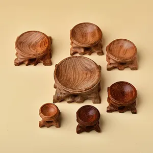 Solid Wood Crystal Sphere Base Concave Wooden Stand Carved Display Holder For Sphere Craft Home Decor