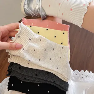 Women Sweet Polka Dot Ruffled Edge Mid Tube Socks Casual Cotton Daily Wear Fashion Hosiery Comfortable Breathable Cute