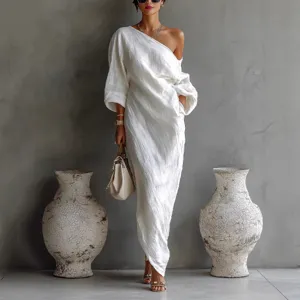 Women Casual Cotton And Linen Maxi Dress Asymmetric Long Sleeve Solid Color Elegant Loose Long Dresses