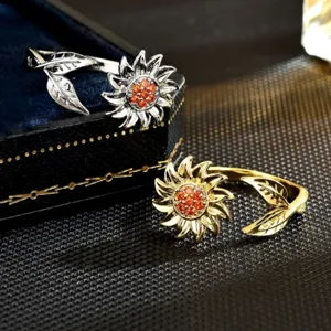 Fashion Decompressing Sunflower Leaf Open Ring For Women Copper Rhinestone Adjustable Finger Ring Jewelry